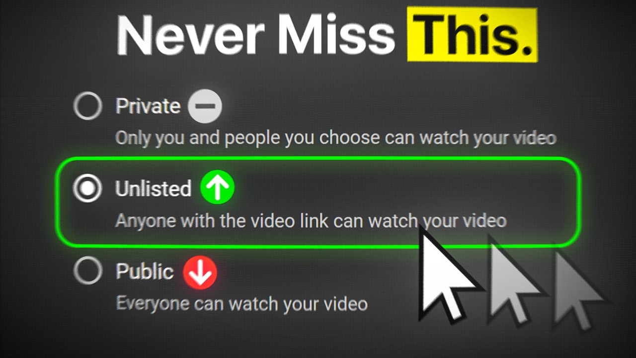 YouTube upload settings feature image. Text reads "Never miss this" and shows several YouTube settings.