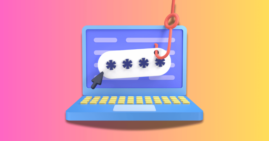 A graphic of a cartoonish laptop with a password field on the screen. A hook is grabbing the password and pulling up, representing phishing.